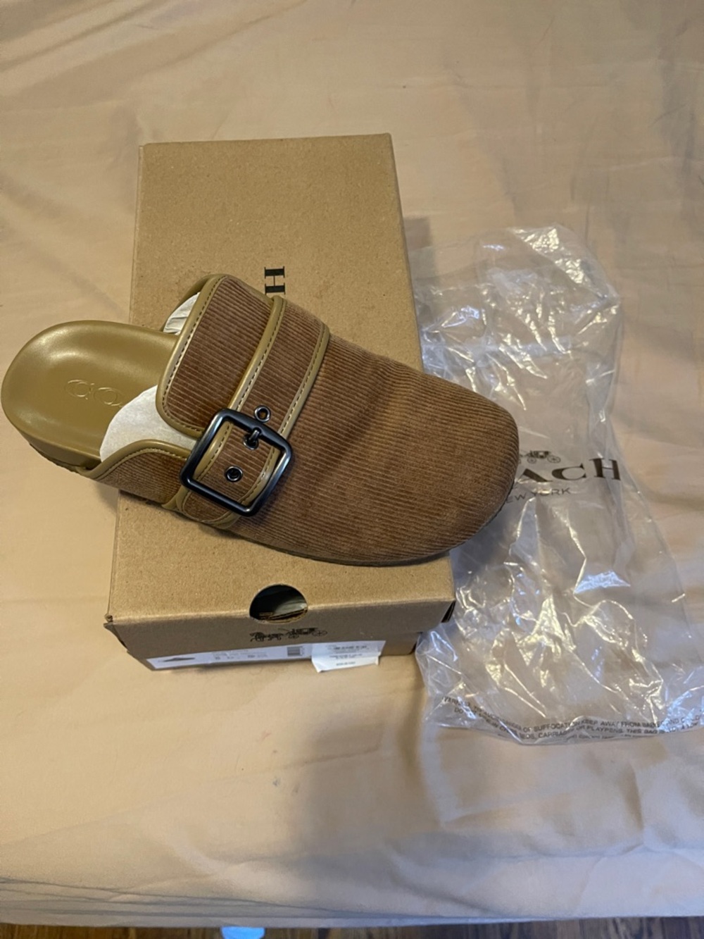 Coach Tan Corduroy Buckled Slip-On Mule